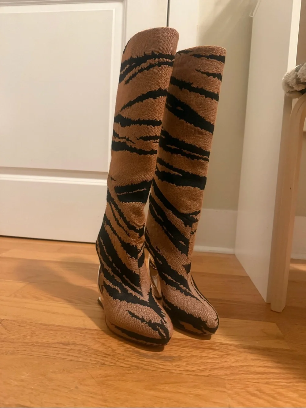 Brandon Maxwell Jacquard Brown and Black Tiger-Stripe Over-the-Knee Boots